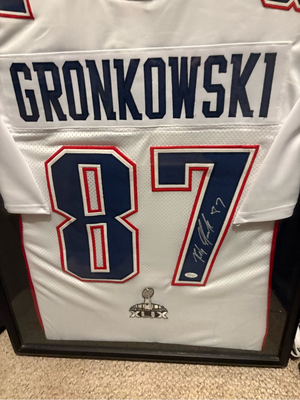 Patriots framed White and Navy Autographed #87 Football Jersey Super Bowl